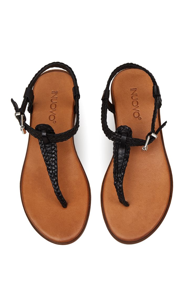 Black Braided Leather Flat Sandals